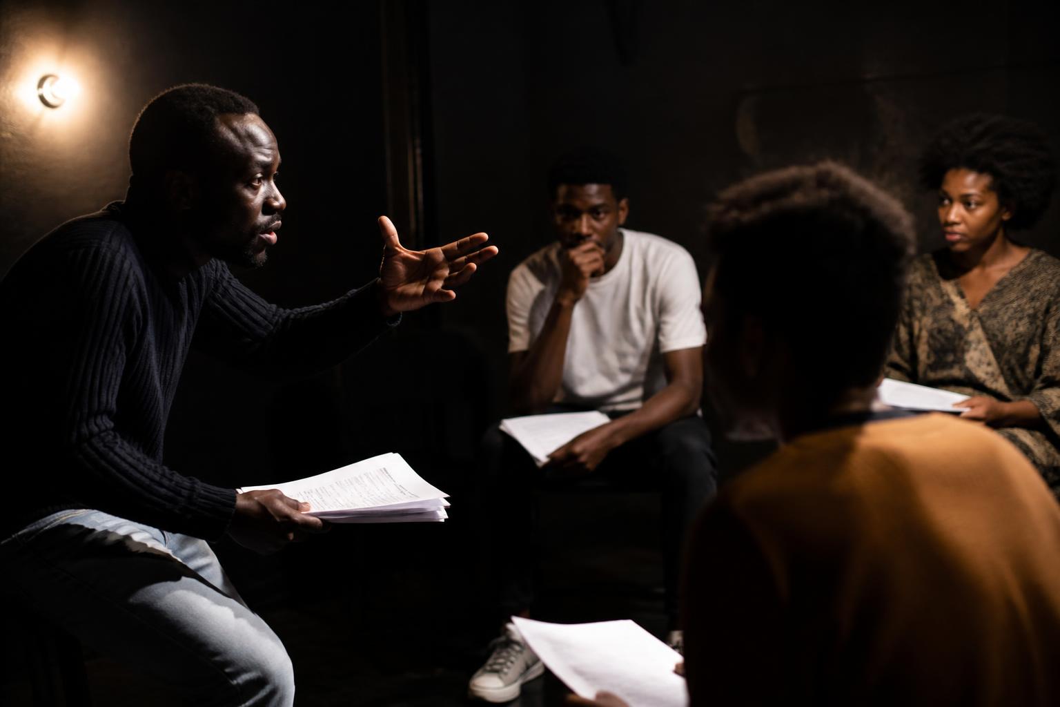 Theatre ensemble in rehearsal with scripts